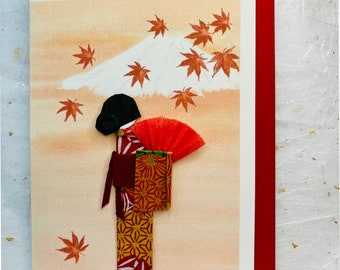 Handmade card Japanese origami Geisha using Yuzen Washi paper, red fan, Acer leaves and  Mount fuji