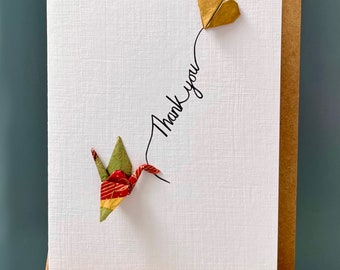 Handmade Thank you Card - Origami Crane, burgundy, gold heart balloon - 'Thank you'