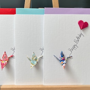 Lot de 3 cartes d'anniversaire origami grues japonaises chiyogami motif floral en papier Yuzen, ballon coeurs origami A6 violet rouge bleu