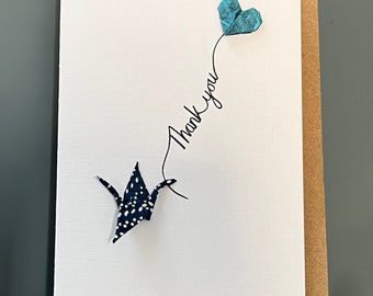 Handmade Thank you Card - Origami Crane, blue white, blue heart balloon - 'Thank you'