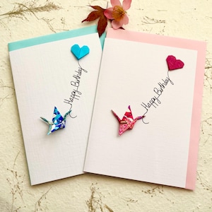 Carte d'anniversaire Origami Grue faite main en papier chiyogami japonais bleu turquoise/rose fuchsia ballon coeur pour quelqu'un de spécial Personnalisable A6