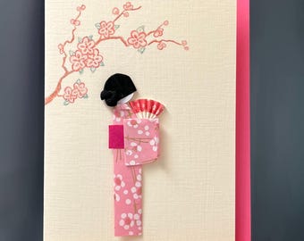 Handmade card origami Japanese kimono Geisha & fan pink plum blossom design A6
