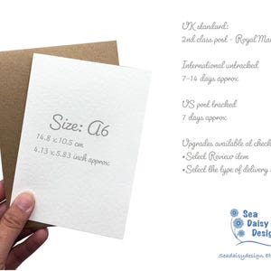 May include: A white A6 greeting card measuring 14.8 x 10.5 cm or 4.13 x 5.83 inches, paired with a brown kraft envelope. The card features the text Size: A6, 14.8 x 10.5 cm, and 4.13 x 5.83 inch approx printed in a grey, cursive font.