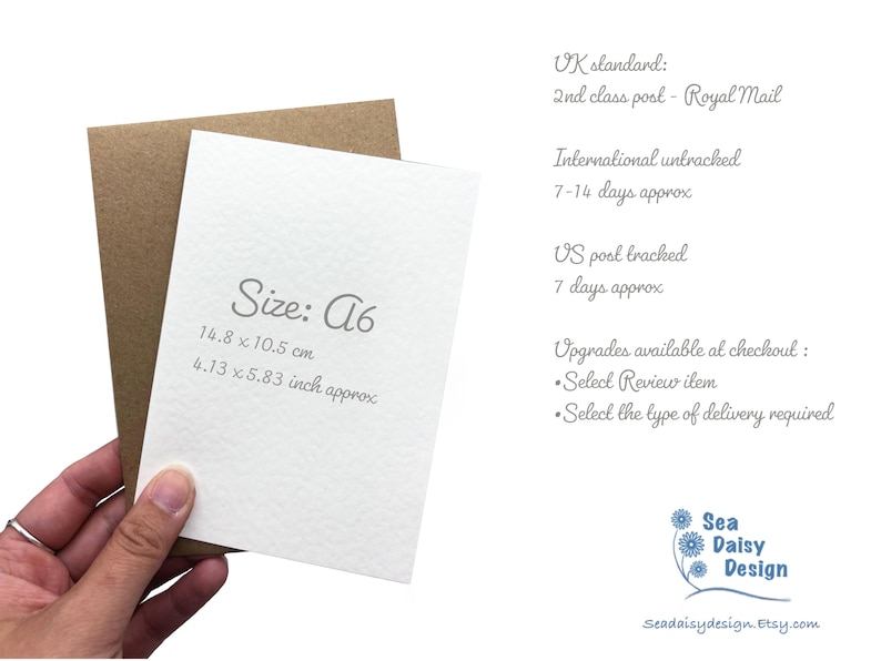 May include: A white A6 greeting card measuring 14.8 x 10.5 cm or 4.13 x 5.83 inches, paired with a brown kraft envelope. The card features the text Size: A6, 14.8 x 10.5 cm, and 4.13 x 5.83 inch approx printed in a grey, cursive font.