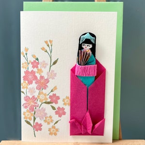 Kimono turquoise en origami fait main pour femme et marque-page pour éventail avec carte de voeux Un cadeau spécial et une carte en un, anniversaire, merci.