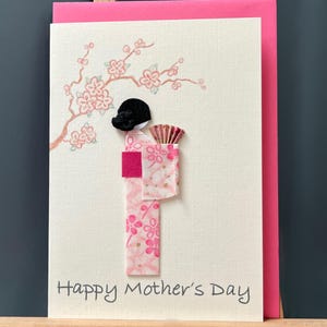 Handmade Mother's Day card origami Japanese kimono Geisha & fan Yuzen pretty in pink blossom paper, spring Cherry Blossom design A6