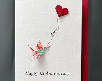 Handmade Happy 1st Anniversary Card Origami crane & red heart balloon 'Love' Japanese Yuzen paper Customisable A6 for someone special