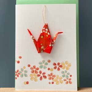 Carte de voeux faite main Origami japonais grue suspendue ornement fleur d'oranger