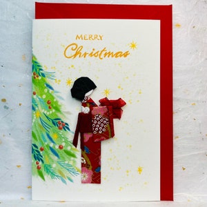 Carte de Noël faite main en origami japonais bordeaux Geisha avec cadeau en papier Yuzen Washi,