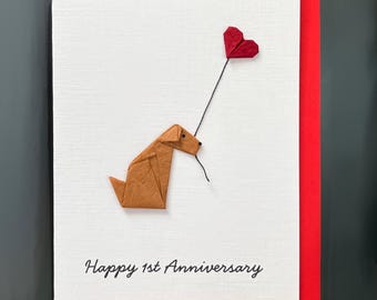 Handmade Anniversary Card Origami sitting brown dog & red heart balloon for dog lovers A6