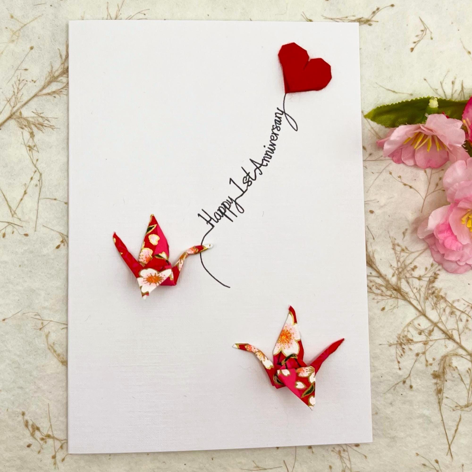 Handmade 1st Anniversary Card Origami Cranes Red Heart Japanese Paper ...