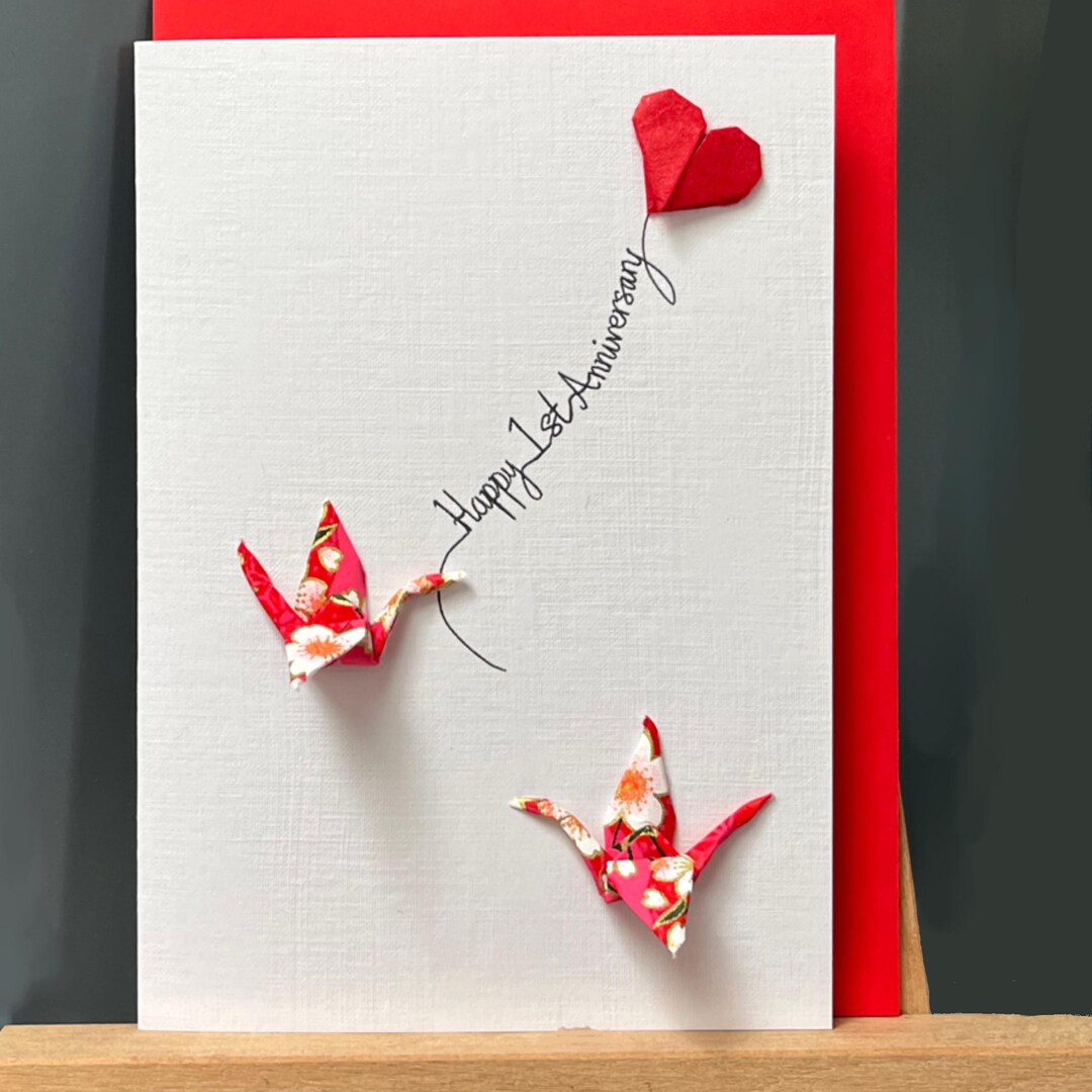Handmade 1st Anniversary Card Origami Cranes Red Heart Japanese Paper ...