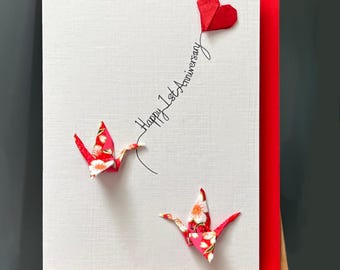 Handmade 1st Anniversary Card origami cranes red Heart Japanese Paper blossom Design for someone special a6