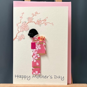 Handmade Mother's Day card origami Japanese kimono Geisha & fan Yuzen pretty in pink Sakura paper, spring Cherry Blossom design A6
