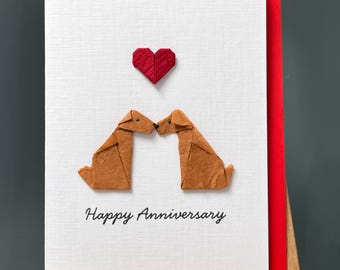 Handmade Anniversary Card Origami sitting brown dogs red heart for dog lovers A6