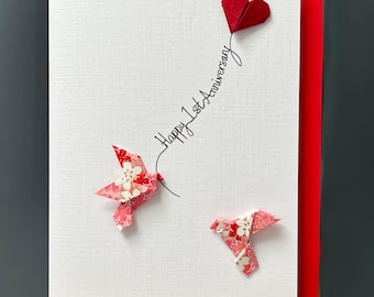 Handgemachte Happy 1st Papier Jubiläum Karte Origami Liebe Vögel Pink & Rot Romantisches Rotes Herz Ballon Japanisches Yuzen Design für jemand besonderen