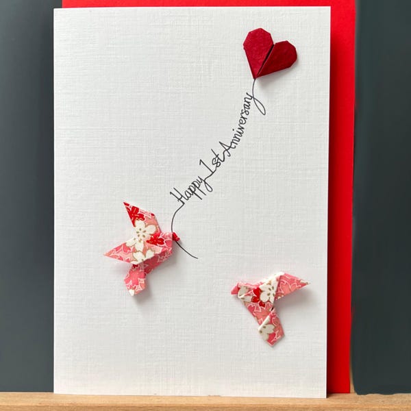 Handmade happy 1st Paper Anniversary Card Origami love birds Pink & Red Romantic Red Heart Balloon Japanese Yuzen Design for someone special
