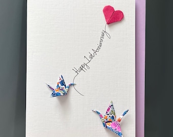 Handmade Happy 1st Anniversary Card 2 origami  cranes & cerise Heart Balloon Japanese Yuzen Paper purple Design Romantic for someone special