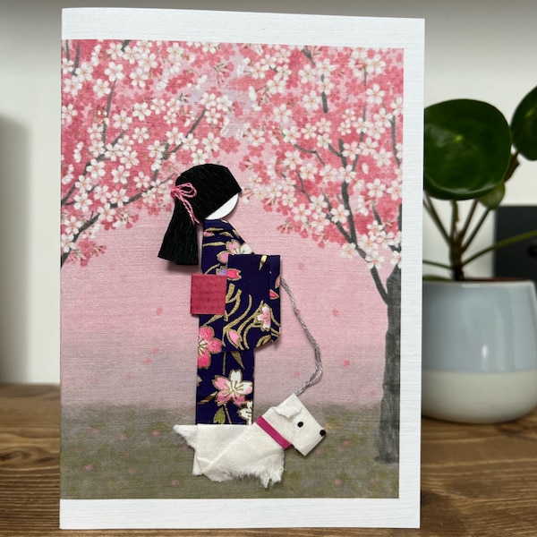 Handmade greeting card Traditional Japanese origami Geisha Purple kimono walking dog