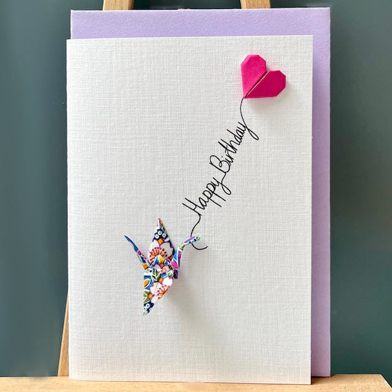 Birthday Card Origami Crane handmade, Japanese chiyogami paper, purple floral, cerise pink heart balloon for someone special, A6 size