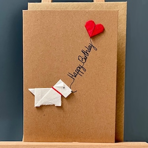 Carte de joyeux anniversaire artisanale origami West Highland Terrier chien avec ballon coeur pour les amoureux des chiens Westie A6