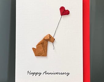 Handmade Anniversary Card Origami sitting brown dog & red heart balloon for dog lovers A6