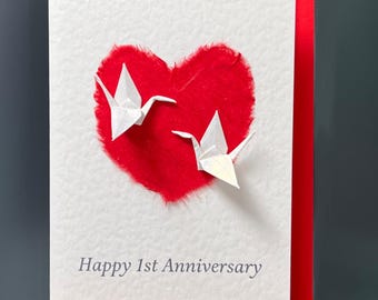 Happy 1st, paper, Anniversary card Handmade origami cranes with Japanese mulberry paper heart red for your special occasion A6