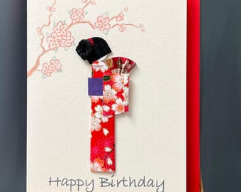 Handmade Birthday card origami Japanese kimono Geisha and fan Yuzen Washi red paper, Sakura blossom design for someone special A6