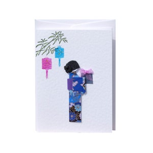 "Grußkarte ""Geisha"" Handmade mit Geschenk und Laternen aus japanischem Yuzen Washi Papier lila"