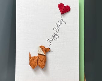 Handmade Happy Birthday Card Origami standing brown dog and red heart balloon textured Mulberry paper for dog lovers