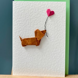 Handgemachte Grußkarten : Origami Dackel Hund hellbraun mit rosa Herz Sprechblase Maulbeerbaumpapier anpassbar A6