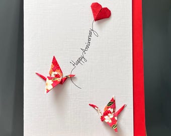Handmade Anniversary Card origami cranes red Heart Japanese Paper blossom Design A6