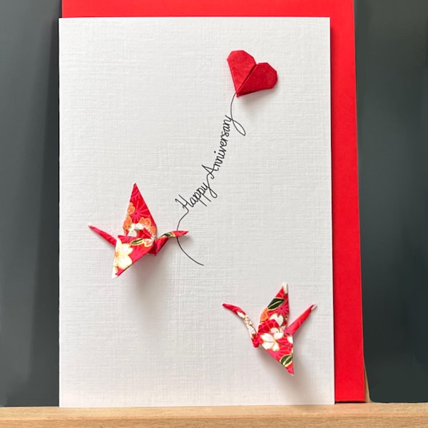 Handmade Anniversary Card origami cranes red Heart Japanese Paper blossom Design A6