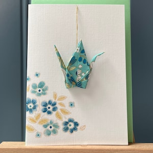 Handgemachte Grußkarte Japanischer Origami Kranich hängen Ornament teal