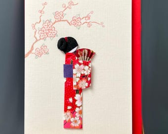 Handmade Greeting card origami Japanese kimono Geisha and fan Yuzen Washi red paper, Sakura blossom design for someone special A6
