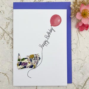 Handmade Birthday Card Origami tabby cat Japanese Yuzen paper  deep purple & white, red balloon for cat lovers A6