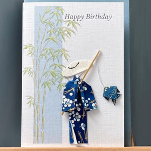Carte d'anniversaire faite main origami traditionnel japonais homme pêcheur et origami poisson, bambou, papier Yuzen pêcheur pour quelqu'un de spécial A6