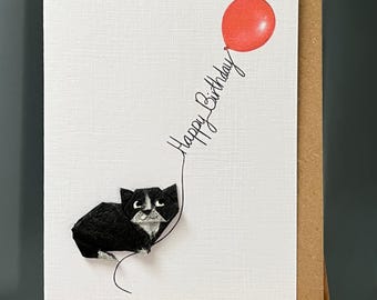 Handmade Happy Birthday Card Origami tuxedo black & white cat white socks, red balloon textured mulberry paper for cat lovers  kawaii A6