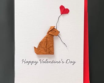 Handmade Valentine's Day Card Origami sitting brown dog & red heart balloon for dog lovers A6
