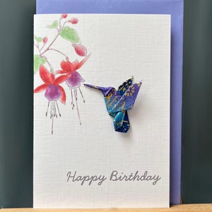 Carte de joyeux anniversaire origami colibri beau bleu/violet et fuchsia papier japonais chiyogami A6