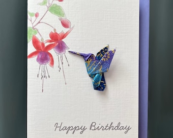 Happy Birthday Card handmade Origami Humming bird beautiful blue/purple & fuchsia Japanese chiyogami paper A6