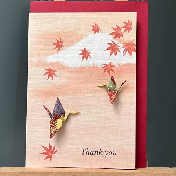 Handmade Thank you card two origami cranes , Mount Fuji and Acer leaves at Sunset Japanese Yuzen paper  for someone special A6