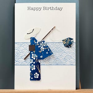 Carte d'anniversaire faite main origami traditionnel japonais homme pêcheur et origami poisson - pêche du jour papier Yuzen papier A6