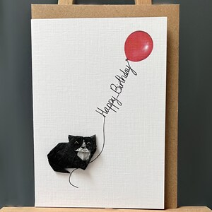 Handgemachte Geburtstagskarte für Katzenliebhaber schwarze Katze und roter Ballon kawaii Papier für Katzenliebhaber A6