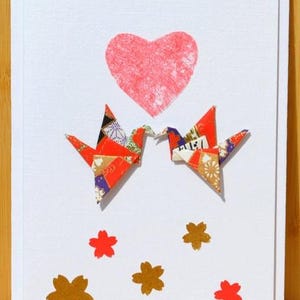 Carte faite main Summer Love & Origami Cranes, papier washi yuzen japonais et fleurs A6