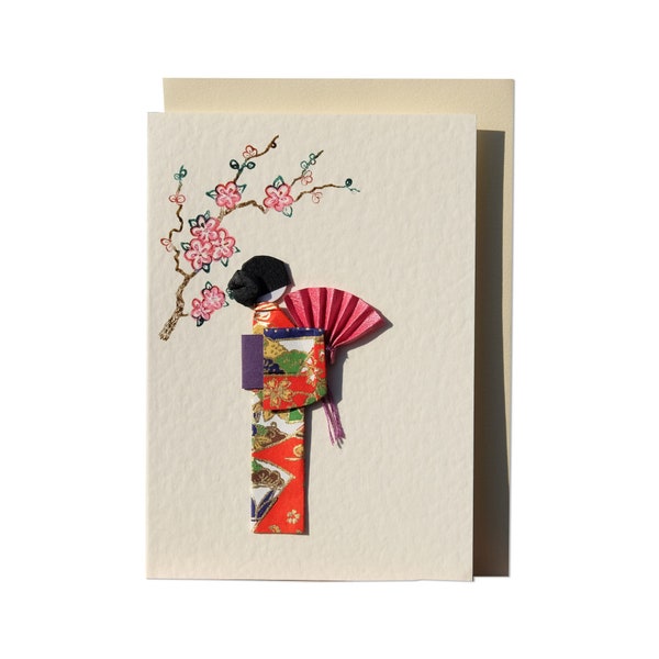 Grußkarte handgemacht - Geisha hält Fächer. Japanisches Yuzen Washi Papier, rot