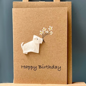 Handgefertigte Happy Birthday Karte Origami Westie Terrier mit Blumenstrauß für Hundeliebhaber Westie A6