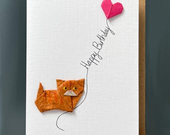 Handmade Birthday Card Cute Origami Ginger Tabby cat Japanese Kozo paper orange marmalade design pink heart balloon for cat lovers A6 kawaii