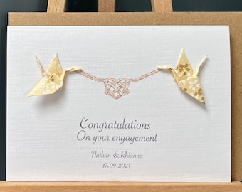 Customisable Engagement card handmade Japanese Origami pair of love Cranes Yuzen paper Celtic love heart knot for a special couple A6