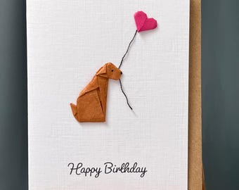 Handmade Birthday Card Origami sitting brown dog & pink heart balloon for dog lovers A6